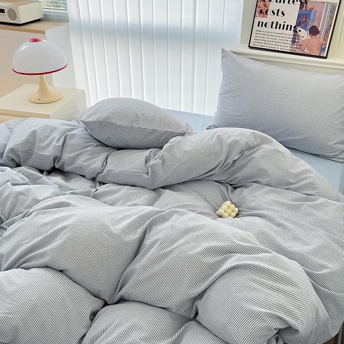 mixinni Striped Duvet Cover Set- 100% Washed Cotton Blue Comforter Cover with White Pinstripe Stripes Pattern Printed Bedding Set with Zipper Closure, 3 Pieces, Twin XLSize