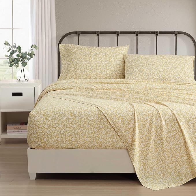 Laura Ashley - Twin XL Sheets, Cotton Percale Bedding Set, Lightweight & Breathable Home Decor, Oeko-Tex Certified (Heirloom Ditzy Gold, Twin XL)