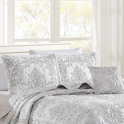 Home Soft Things Damask 4 Piece Bedspread Set, Scalloped Edge Reversible Quilt Coverlet Comforter Prewashed Bedding Set, Matelasse Embossed Floral Solid Pattern,White Oversize Queen(110" x 120")
