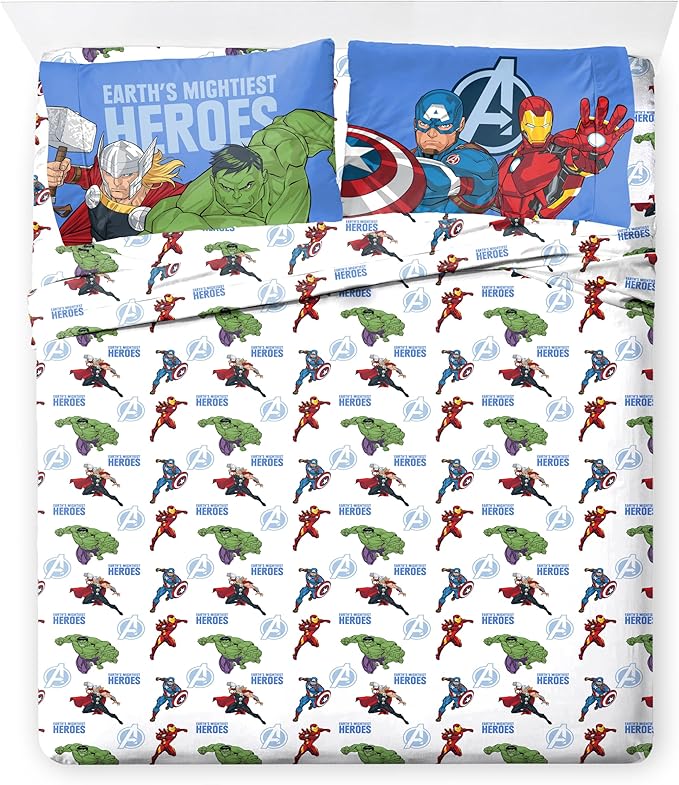 Jay Franco Kids Comforter Set Includes Sheets and Pillow Covers - Soft and Cozy Bed Set for Stylish Room Decor, Official Licensed Bedding, Blue - Avengers, 7 Piece Queen