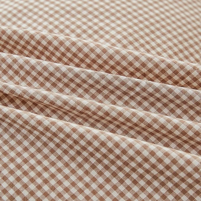 EAVD Tan Plaid Gingham Duvet Cover Queen Soft 100% Washed Cotton Reversible Tan and White Plaid Duvet Cover with 2 Pillowcases Farmhouse Ginggham Bedding Set with Zipper Closure