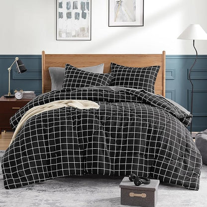 Andency Black Grid Comforter Set Full Size (79x90 Inch), 3 Pieces(1 Grid Comforter and 2 Pillowcases), Summer Lightweight Microfiber Down Alternative Black Comforter with White Lines