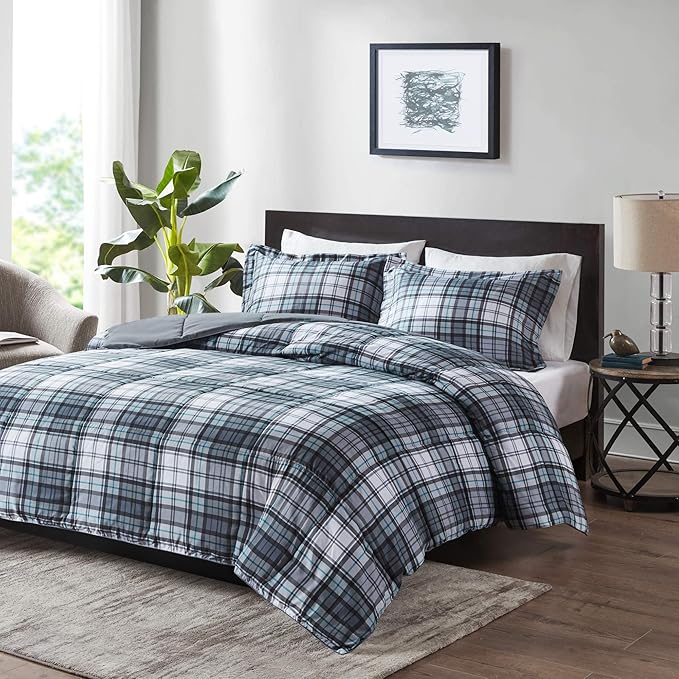 Madison Park Essentials Parkston Plaid Comforter, Matching Sham, 3M Scotchguard Stain Release Cover, Hypoallergenic All Season Bedding-Set, King/California King, Grey, 3 Piece