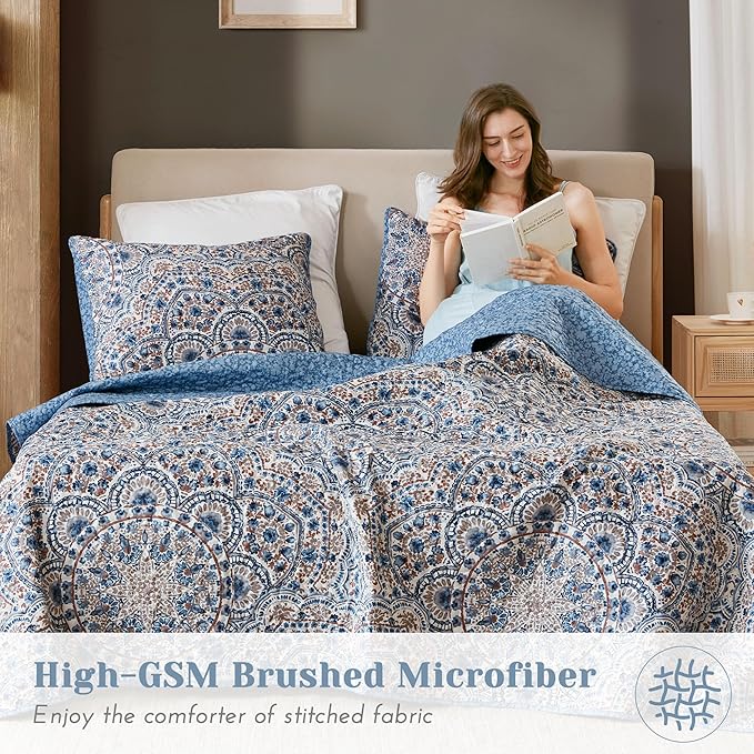 Comfort Spaces Valerie Boho Quilt Set King Blue - Soft Lightweight Bedding with Watercolor Medallion Design, Reversible All Season Quilt for Master Bedroom or Guest Room
