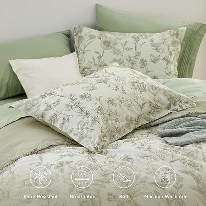 Bedsure Duvet Cover Queen Size - 100% Cotton Reversible Floral Queen Duvet Cover Set with Zipper Closure, 3 Pieces Soft & Breathable PureWoven Botanical Green Bedding Set with 2 Pillow Shams 20"x26"