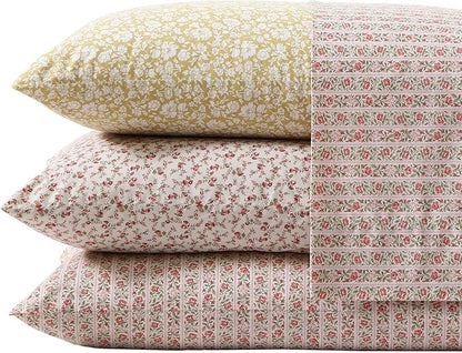Laura Ashley - King Sheets, Cotton Percale Bedding Set, Lightweight & Breathable Home Decor, Oeko-Tex Certified (Marta Stripe Pink, King)