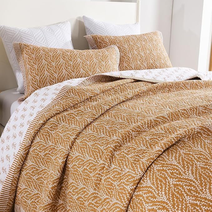 SahSahCasa Quilt Set King Size, 100% Cotton Quilt Bedding Set Bedspread, Botanical Pattern Solid Color Chic Lightweight Quilted Comforter for King Bed, White/Caramel, All Season, 3pcs
