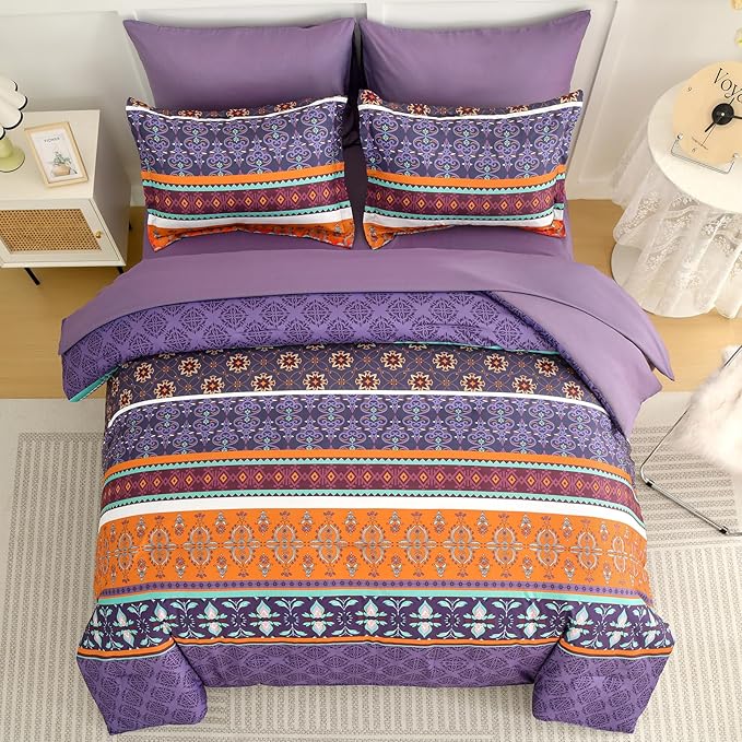 WONGS BEDDING Boho Comforter Set Queen Size,7 Pieces Bohemian Comforter Bedding Set Bed in a Bag,Purple Paisley Floral Comfortet and Sheet Set,Soft Microfiber Striped Bedding Sets for All Season