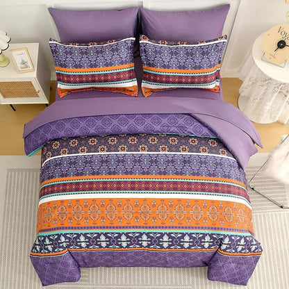 WONGS BEDDING Boho Comforter Set King Size,7 Pieces Bohemian Striped Bedding Comforter Set Bed in a Bag,Purple Paisley Floral Comfortet and Sheet Set,Soft Microfiber Bedding Sets for All Season