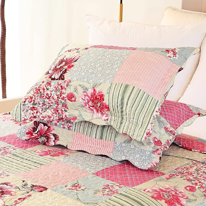 Cmfshape Summer Floral Queen Quilted Bedspread,Romantic Pink Quilt Set,Reversible Stitched Bedding Set All Season,Soft Lightweight Coverlet with Pillow Cases (Pink&Grey, Queen90 x90)