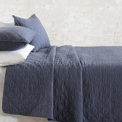 HORIMOTE HOME 55% Linen Front/100% Cotton Back Quilt Set Queen Size, Steel Blue Pre-Washed Cotton Linen Quilt Set, Geometric Stitched Pattern Bedspread Coverlet Bedding Set 3-Piece for All Seasons