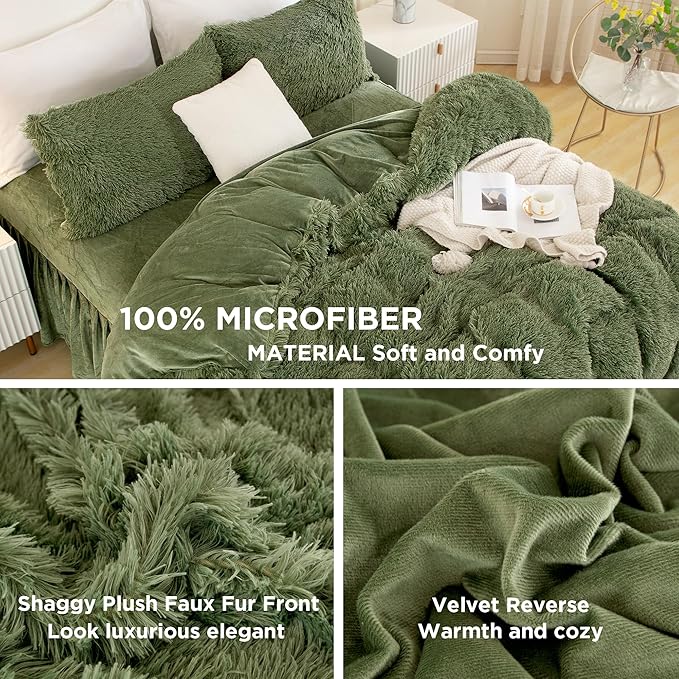 Andency Faux Fur Sage Green Comforter Set Full Size, 3 Pieces Fluffy Fuzzy Plush Bedding Comforter Set (1 Shaggy Velvet Comforter & 2 Pillowcases), Soft Puffy Comfy Down Comforter Bedding Set