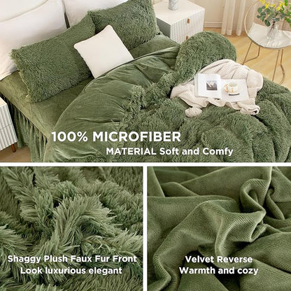 Andency Faux Fur Sage Green Comforter Set Full Size, 3 Pieces Fluffy Fuzzy Plush Bedding Comforter Set (1 Shaggy Velvet Comforter & 2 Pillowcases), Soft Puffy Comfy Down Comforter Bedding Set