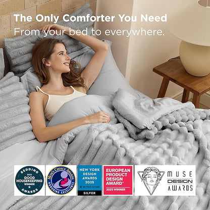 Bedsure Gentlesoft™ 2-in-1 Queen Comforter Set and Detachable Fluffy Blanket, Grey Bedding Set for All Season Use, SnapTech Design for Space Saving (Includes 2 Pillow Shams, 2 Pillowcases)