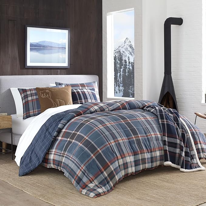Eddie Bauer - King Comforter Set, Reversible Down Alt Bedding with Matching Shams, Home Decor for Colder Months (Shasta Lake Navy, King)