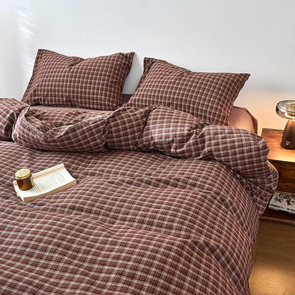 EAVD Vintage Style Burgundy Gingham Duvet Cover King 100% Washed Cotton Like Linen Feel Soft Checkered Grid Plaid Bedding Set with 2 Pillowcases Farmhouse Grid Geometric Duvet Cover with Zipper