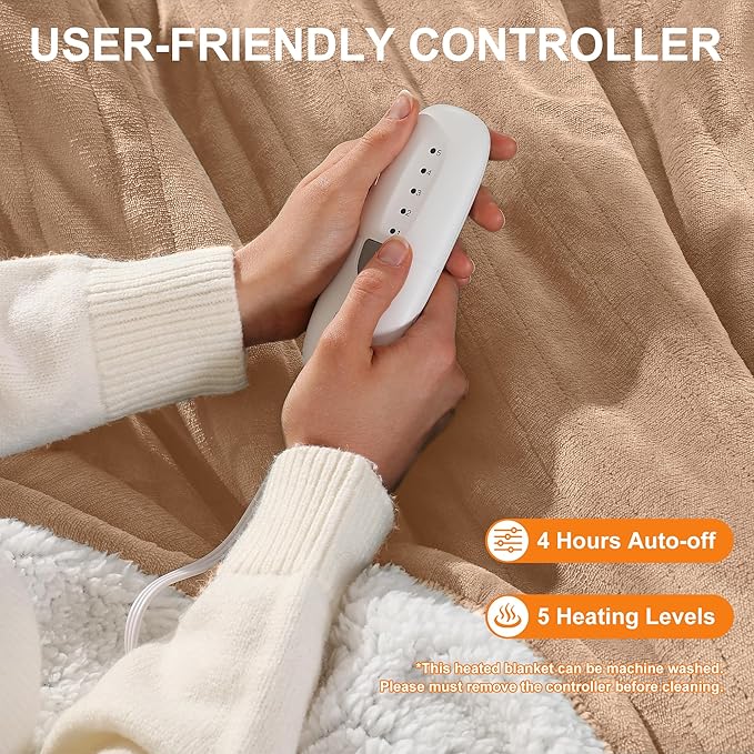 Heating Blankets Heated Throw 50''X60'' - Electric Throw with 5 Heating Level & 4 Hour Auto Off, Ultra Soft, Machine Washable & Overheating Protection, House Warming Gifts(Beige)