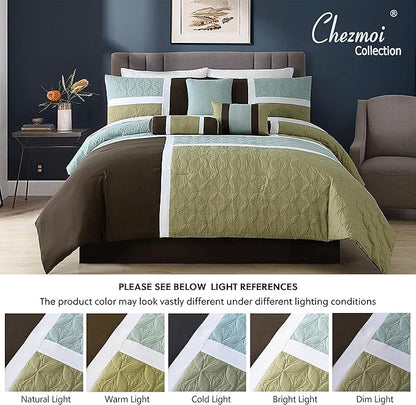 Chezmoi Collection Upland 7-Piece Quilted Patchwork Comforter Set, Coffee Brown/Aqua Blue/Sage Green, Oversized King