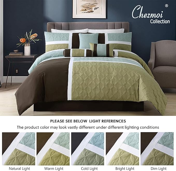 Chezmoi Collection 7-Piece Quilted Patchwork Comforter Set, Coffee Brown/Aqua Blue/Sage Green, California King