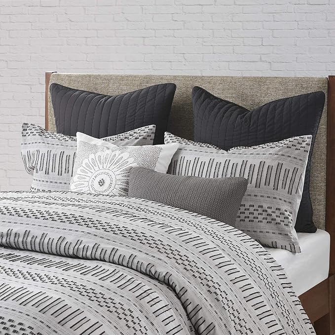 INK+IVY Rhea 100% Cotton Duvet Set Mid Century Modern Boho Design, All Season Comforter Cover Bedding Set, Matching Shams, King/Cal King, Geometric Clipped Jacquard Grey 3 Piece