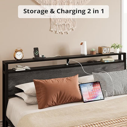 LIKIMIO King Bed Frame with Storage Headboard, Platform Bed with Drawers and Charging Station, No Box Spring Needed, Easy Assembly, Charcoal Grey