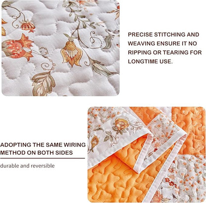 Joyreap 3 Pieces Quilt Set California King, 102x114 inches- Floral Patchwork Orange n White Flowers Design, Smooth Soft Microfiber Quilt, Bedspread Bed Cover for All Season