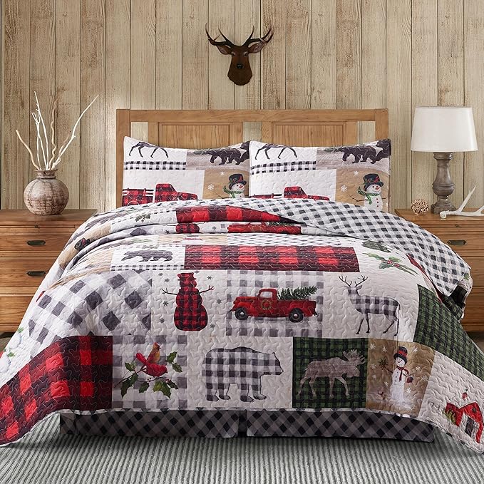 Virah Bella 3 Piece King Lodge Quilt Bedding Set - Rustic Country Reversible Comforter Set with Decorative Pillow Shams - Country Lodge Patchwork