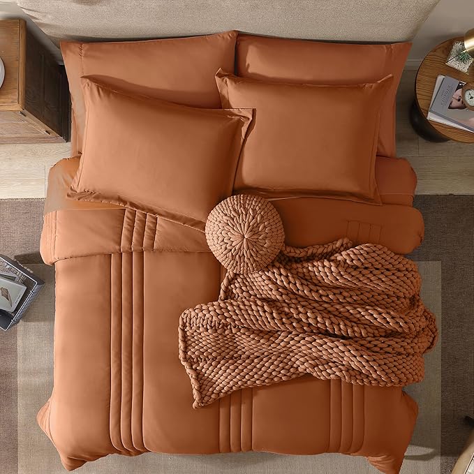 Monbix Super King Size Comforter Set - 7 Pieces Burnt Orange Bed in a Bag Super King Bedding Sets with Comforters, All Seasons Comforter Bed Set with Sheets,Pillowcases & Shams