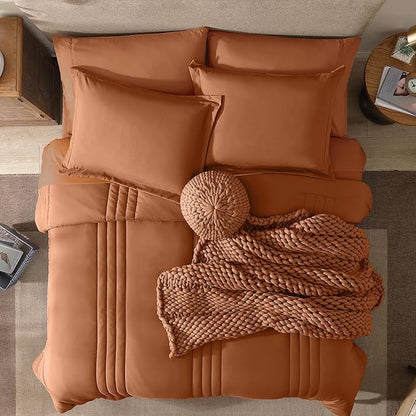 Monbix Super King Size Comforter Set - 7 Pieces Burnt Orange Bed in a Bag Super King Bedding Sets with Comforters, All Seasons Comforter Bed Set with Sheets,Pillowcases & Shams
