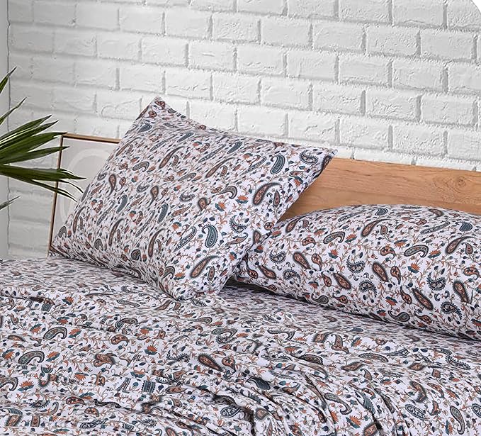 RUVANTI 100% Cotton Sheets – Twin XL Size Percale Bedding, Cooling & Breathable Floral Design, Durable with a Crisp, Soft & Comfortable Feel, 16" Deep Pocket, 3-Piece Set, Teal Paisley