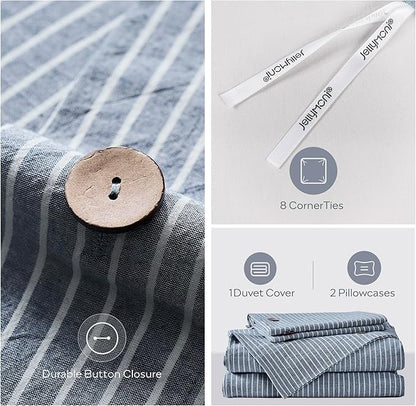 JELLYMONI Cotton Duvet Cover King Size - Blue Vertical Pinstriped Comforter Cover with Button 100% Washed Cotton 3PCS Breathable Soft Solid Bedding Set Duvet Cover 104×90in & 2 Pillowcases