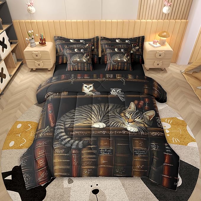 Feelyou Vintage Library Comforter Set 7 Pieces Twin Size Book Cat Bedding Set for Boys Girls Cute Bookshelf Bed in a Bag with Comforter, Sheets, Pillowcases & Cushion Covers