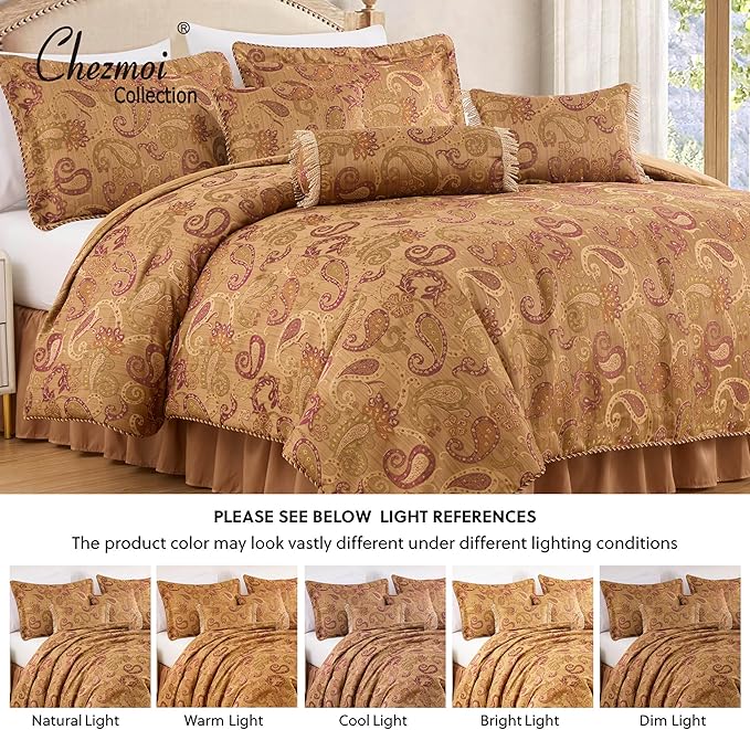Chezmoi Collection Adelle 7-Piece Paisley Jacquard Embroidered Comforter Bedding Set, Queen Size