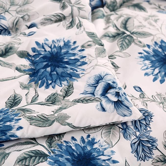 SDIII Blue Floral Comforter Set Full 3 Pieces, Soft Microfiber Cornflower Blue Comforter Full, Vintage Floral Bedding Set All Season