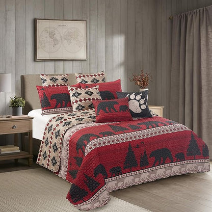 Virah Bella 3 Piece King Cabin Quilt Bedding Set - Creekside Bear - Rustic Country Reversible Patchwork Comforter Set with Decorative Pillow Shams