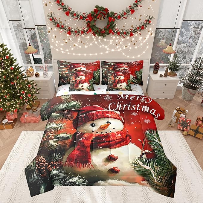 Winter Snowman Comforter Set 7 Pieces,Merry Christmas Trees Flowers Bed Set,Happy New Year Bedding Bed in a Bag Soft,King (1 Comforter,2 Pillowcase,2 Pillow Covers,1 Flat Sheet,1 Fitted Sheet)