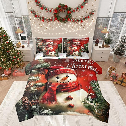Winter Snowman Comforter Set 7 Pieces,Merry Christmas Trees Flowers Bed Set,Happy New Year Bedding Bed in a Bag Soft,King (1 Comforter,2 Pillowcase,2 Pillow Covers,1 Flat Sheet,1 Fitted Sheet)