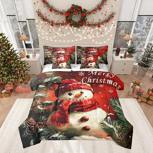 Winter Snowman Comforter Set 7 Pieces,Merry Christmas Trees Flowers Bed Set,Happy New Year Bedding Bed in a Bag Soft,Queen (1 Comforter,2 Pillowcase,2 Pillow Covers,1 Flat Sheet,1 Fitted Sheet)