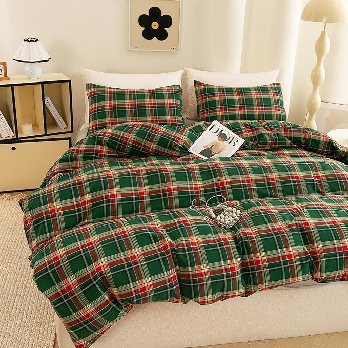 ECOCOTT Buffalo Plaid Duvet Cover King Size– 3 Piece Green Checkered Bedding Set, 100% Washed Cotton, Soft Breathable Reversible Design with Zipper Closure & Corner Ties