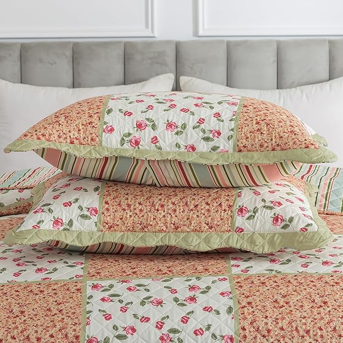 HoneiLife Queen Size Quilt Sets - Microfiber Quilt Set 3-Piece,Lightweight Bedspreads Reversible Coverlets Retro Bed Cover Floral Bedding Set, Queen Quilt Bedding Sets for All Season Use