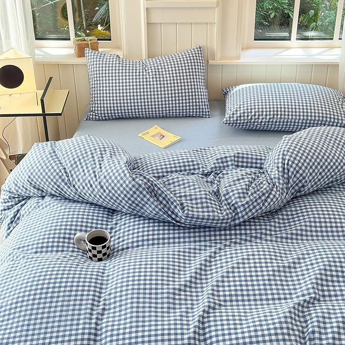 LifeTB Blue Gingham Comforter Set Full Size Modern Checkered Plaid Comforter Set 3 Pieces Blue Grid Bed Comforter with 2 Pillowcases Soft Fluffy Farmhouse Grid Plaid Bedding Set for All Seasons