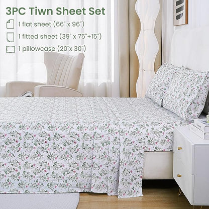 Softan Vintage Floral Twin Bed Sheets, Cozy Microfiber Flower Printed Sheets with 15" Deep Pocket Fitted Sheet & Non-Slip Straps, Patterned Botanical Wildflower Sheets & Pillowcase Set