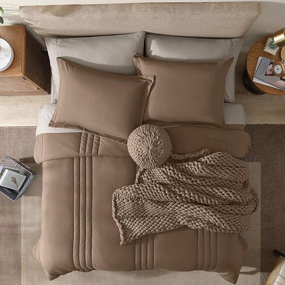 Monbix Oversized Queen Comforter Set - 7 Pieces Brown Bed in a Bag Oversized Queen Bedding Sets with Comforters, All Seasons Comforter Bed Set with Sheets, Pillowcases & Shams