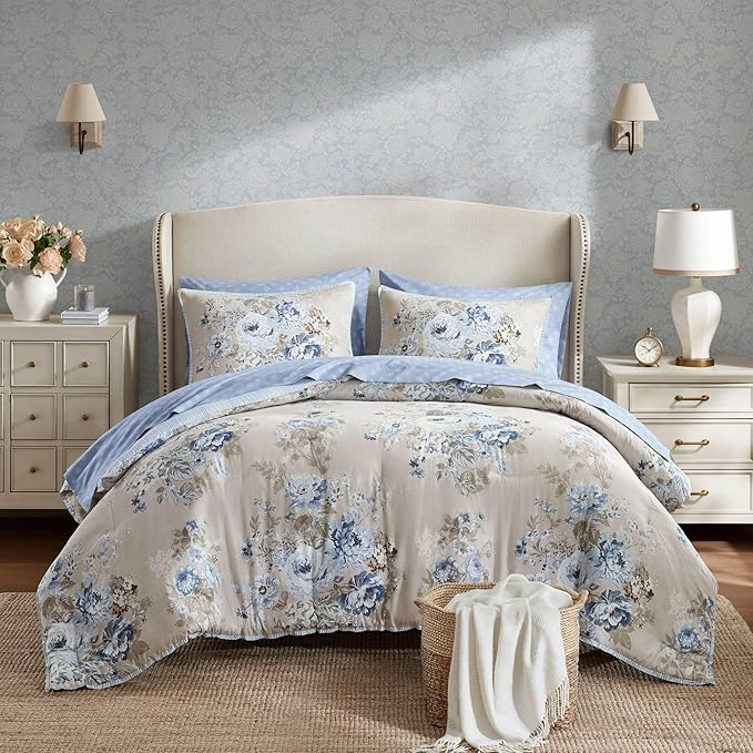 Madison Park Essentials Floral Comforter Set King Size, Vintage Flower Bedding Set with Sheet Set, 7 Pieces Bed in a Bag with Reversible Botanical Comforter, Pillowcases & Shams, Heather, Beige/Blue