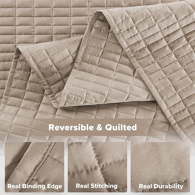 Comfort Spaces - CS13-0933 Kienna Quilt Coverlet Bedspread Ultra Soft Hypoallergenic All Season Lightweight Filling Stitched Bedding Set, Oversized Queen(102"x118"), Taupe 3 Piece