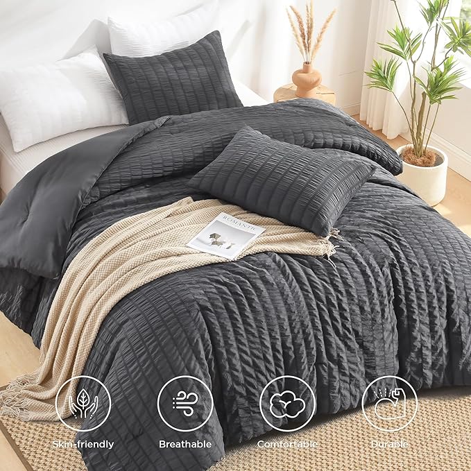 AveLom Dark Gray Seersucker California King Comforter Set (104x96 inches), 3 Pieces-100% Soft Washed Microfiber Lightweight Comforter with 2 Pillowcases, All Season Down Alternative Bedding Set