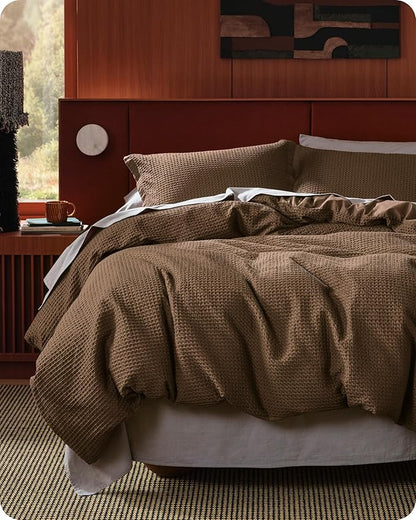 Bedsure Cotton Duvet Cover Queen Size - 100% Cotton Waffle Weave Brown Duvet Cover Queen Size, GentleSoft™ and Breathable Bedding Set for All Season, 3 Pieces, 90"x90"