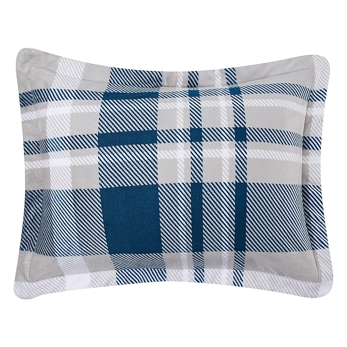 Amazon Basics 3-Piece Ultra-Soft Micromink Sherpa Bedding Set, Warm All Season Comforter, Full/Queen, Navy Plaid