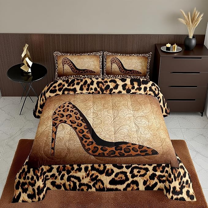 Leopard High Heels Comforter Set King Size Romantic Mandala Floral Bedding Set 3pcs for Kids Girls Women Adult Room Decor Wild Animals Skin Quilt Set Fashion Brown Duvet Insert,2 Pillowcases