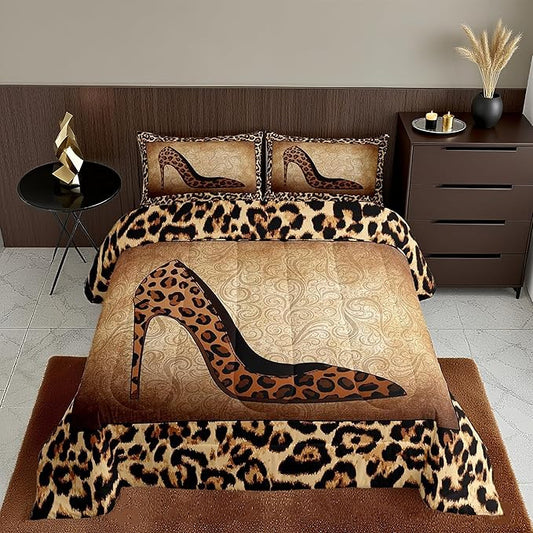Leopard High Heels Bedding Set Full Size Romantic Mandala Floral Comforter Set 3pcs for Kids Girls Women Adult Room Decor Wild Animals Skin Quilt Set Fashion Brown Duvet Insert,2 Pillowcases